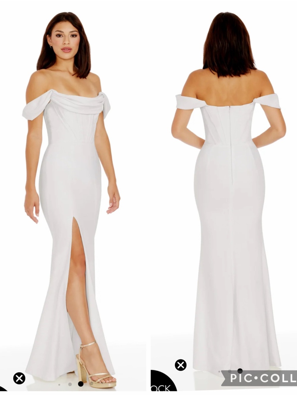 NWOT DRESS THE POPULATION Melania White off the shoulder maxi gown size small